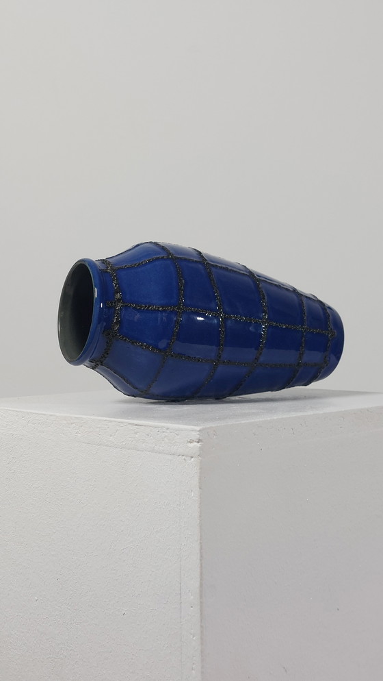 Image 1 of Vintage Ceramic Vase Fat Lava Spiderweb Blue