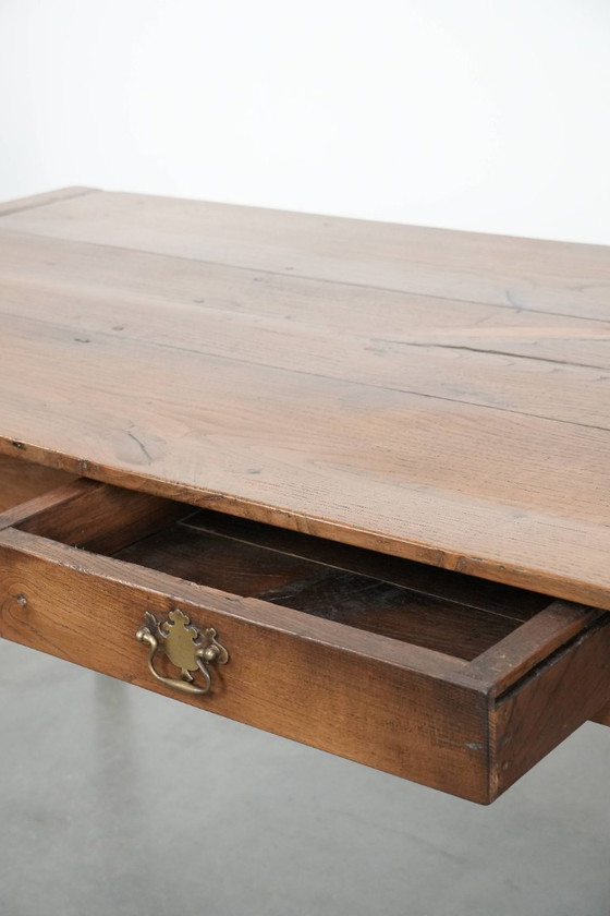Image 1 of Antique French oak farmhouse dining table for 6 to 8 people with three drawers