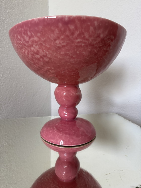 Image 1 of Grande coupe sur pied faïence Digoin rose