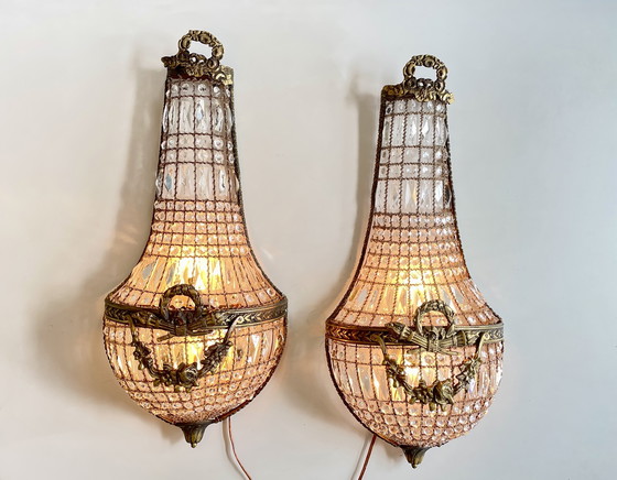 Image 1 of Pair of 2 XL wall lights French Louis XVI style cristal baskets 
