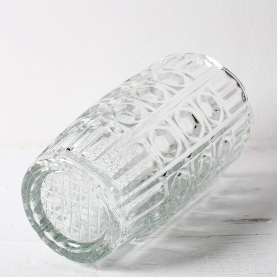Image 1 of Mid-century Vintage Solid Heavy Clear Hand Pressed Glass Flower Vase / Fidenza / Italy / 1960s