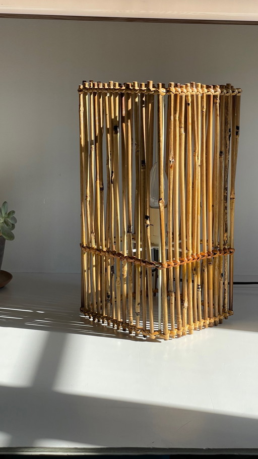 Vintage Wood and Wicker Cube Lamp