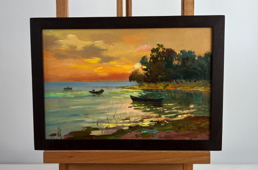 Original Oil Painting Evening Coastal Landscape Orange sunset over the river
