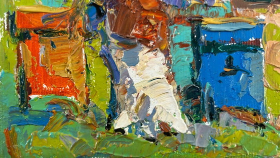 Image 1 of Original Oil Painting Summer House Landscape Old apple tree
