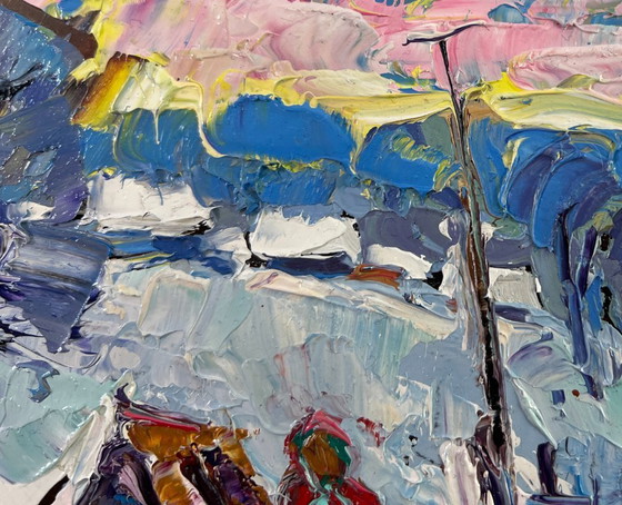 Image 1 of Original Oil Painting Winter Village Landscape The icy breath of the morning