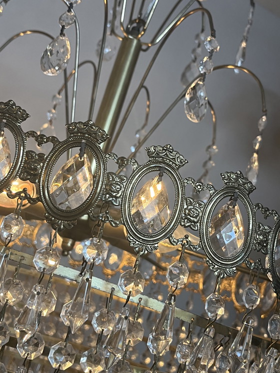 Image 1 of Xl vintage chandelier crystal pendants drops bronze frame