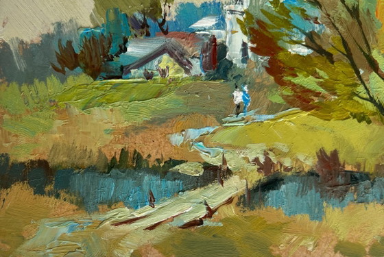 Image 1 of Original Oil Painting Evening Church Landscape At the village church