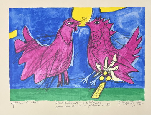 Signed; Guillaume Corneille Rare Lithographie Deux Oiseaux Euphoriques Dans Une Radieuse Journée D'Été 1992