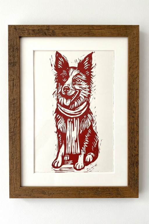 Terracotta Border Collie Linocut Print A4