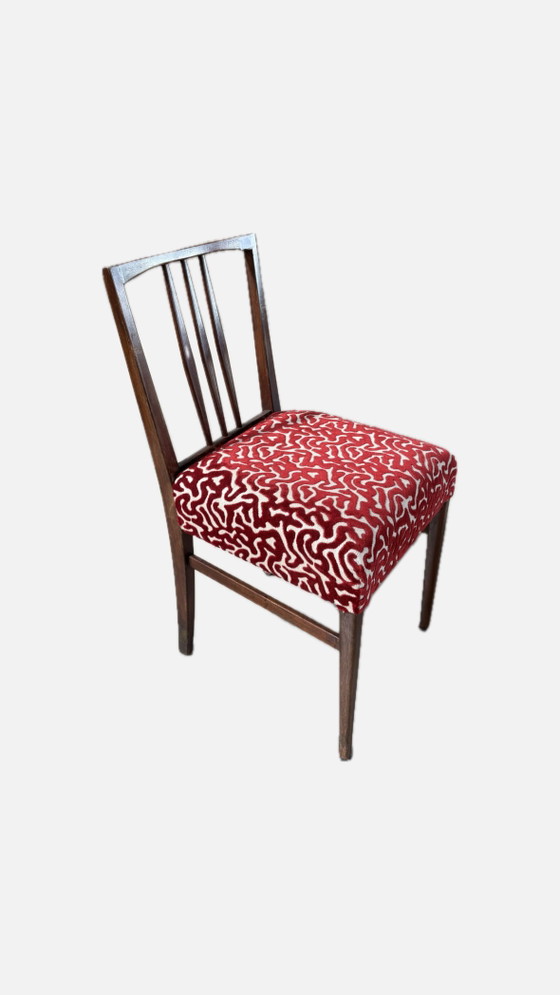 6 sedie da pranzo vintage Gordon Russell in legno con seduta stampata W.H. Curly Coral. – Velvet, Wood (photo 3 of 15)