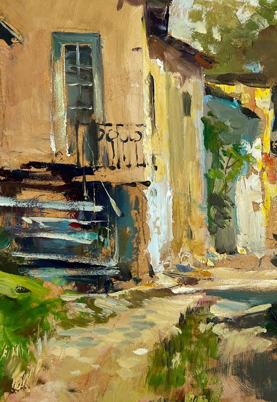 Image 1 of Origineel olieverfschilderij: Zomers straatlandschap, stadstuin in de zomer