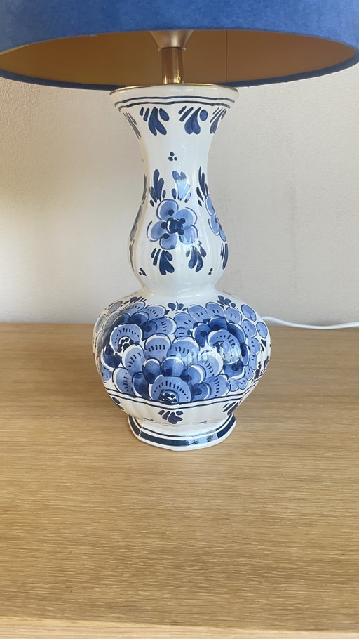 Vintage Handmade Table Lamp (46cm) – Delft Blue Base with Royal Blue Velvet Shade