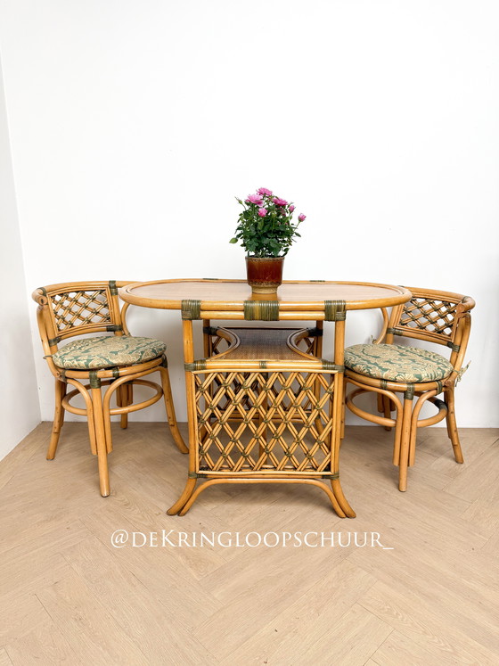 Image 1 of Vintage rotan bamboe bistroset, balkonset, tafel en twee stoelen