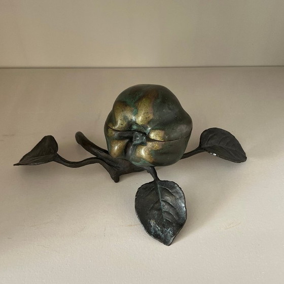 Image 1 of Vintage bronze box apple with branch and leaf, ca 1950