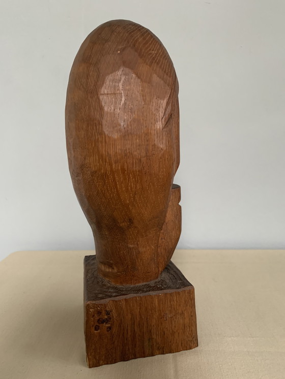 Image 1 of Brutalist Houtsnijwerk Kop Buste Sculptuur Eiken Hout Jaren 70