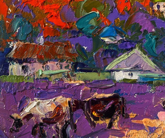 Image 1 of Original Oil Painting Sunset Houses Landscape Evening bell floats over the village
