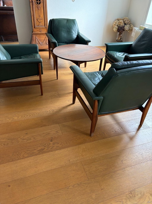 Zeldzame Mid-Century Set: 4x Bovenkamp Lounge Chairs (Groen Leer) + Bijpassende Tafel - Jaren '60 (Gemerkt) – kuipstoelen