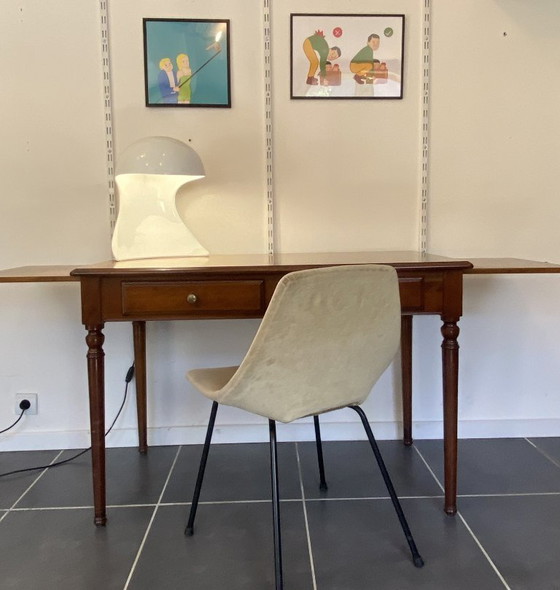 Image 1 of Bureau ancien merisier et marqueterie 2 tiroirs et 2 tablettes 112x60 h76cm