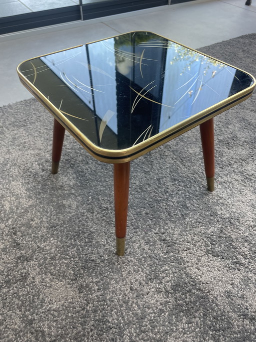 Vintage Plantentafel Jaren 60 Zwart/Goud Glas Koper Poot