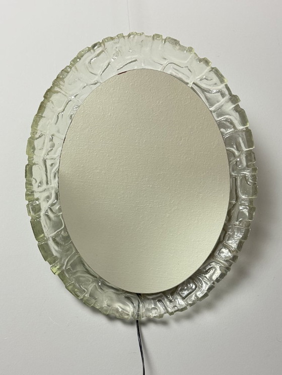 Image 1 of Large Mid-Century Backlit Sugar Glass Oval Mirror, Sculptural Illuminated Wall Mirror, Europe, 1960s–1970s