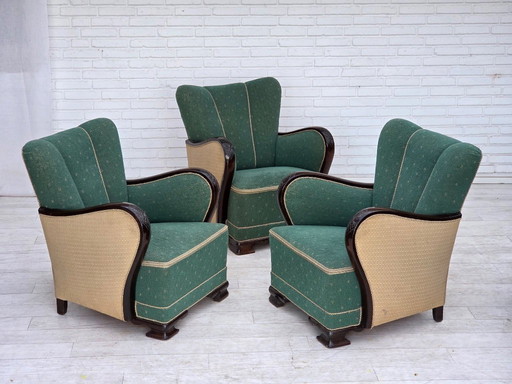 1960s, Danish armchair, green and beige furniture wool.