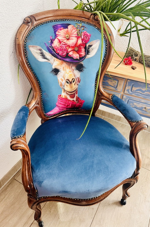 Fauteuil vintage style Louis XV – Motif girafe – vergaderstoel, Velvet, Wood (photo 2 of 10)