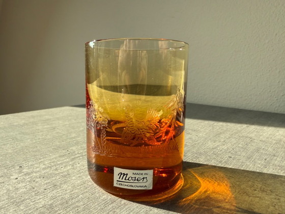 Moser Tsjechoslowakije Amber Kristallen Whiskyglazen Jachtvogels Doos, Gesigneerd – Glazen & Karaffen (photo 5 of 12)