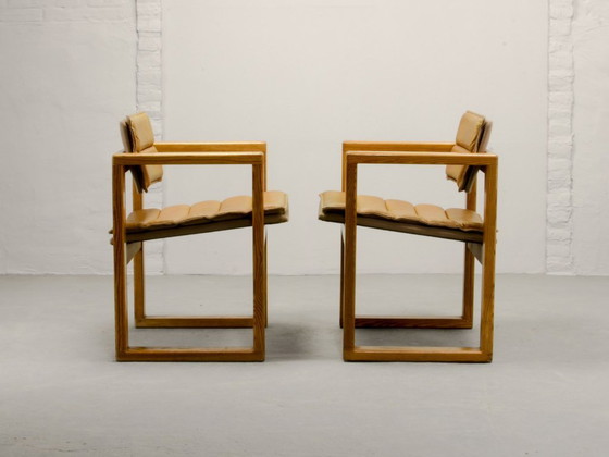 Image 1 of Mid-Century Pair of Dutch Design Camel Leather Cubic Pinewood Side Chairs by Ate van Apeldoorn for Houtwerk Hattem. 1960s.