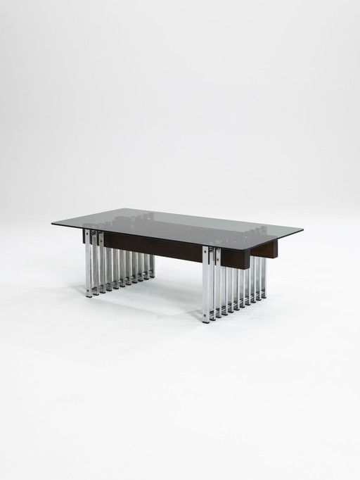 Chrome, Teak and Smoked Glass Coffee Table, Italy, 1970s