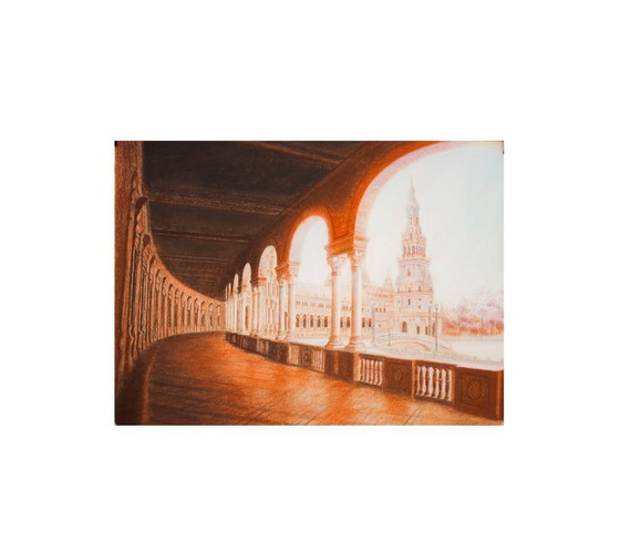 Image 1 of Painting of Plaza de España in Seville. Drawing of Plaza de España in Seville. Seville Painting. New.