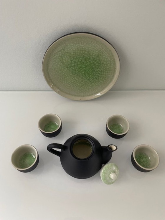 Image 1 of Elegante servizio da tè giapponese/asiatico in ceramica verde screpolata
