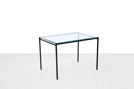 Black minimalist metal side table with glass top, 1960's – Vintage (photo 5 of 5)