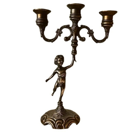 Vintage zware messing Putti Cherubijn 3-armige kandelaar 1960's