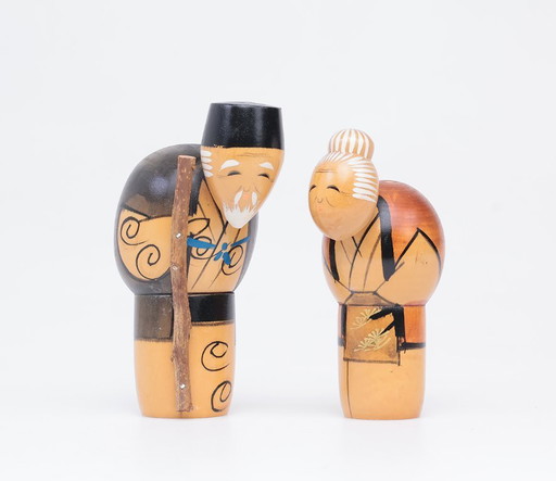 Set von Vintage-Kokeshi-Puppen, älteres Paar