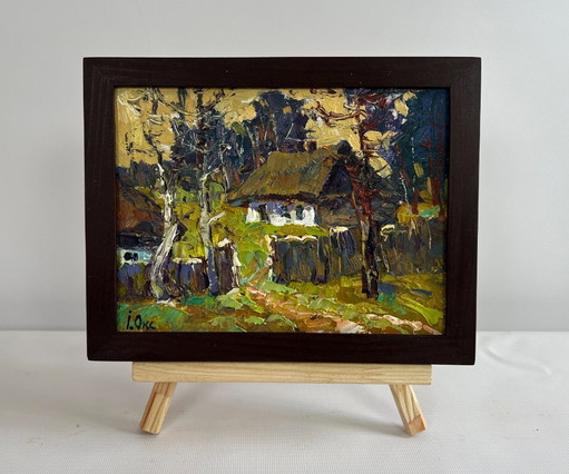 Original Oil Painting Autumn Forest Landscape Houses near the forest