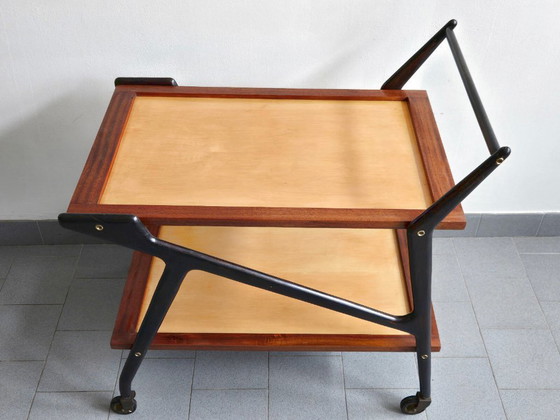 Image 1 of Vintage 1950s Rolling Bar Cart, Mahogany & Varnished Wood, 50s Rockabilly