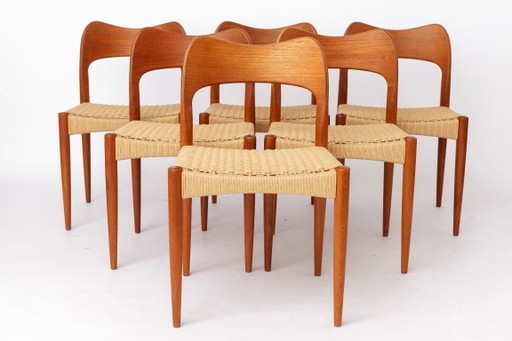 6 sillas de comedor danesas diseñadas por Arne Hovmand-Olsen para Mogens Kold, sillas de teca de mediados de siglo de la década 