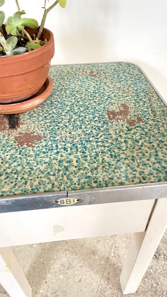Vintage Houten Opbergkrukje, BBI, Aluminium, Groen (foto 16 van 26)