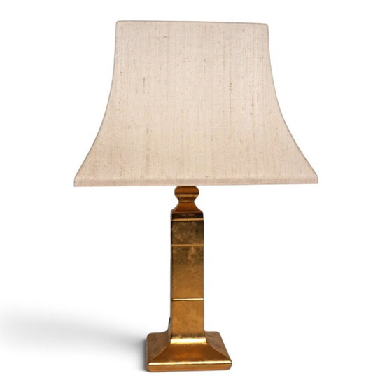 Lampada da tavolo De Knudt con base in ceramica dorata e paralume in lino, 1970, DeKnudt, Lampade da tavolo (foto 7 di 13)