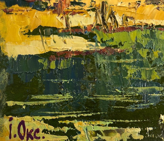 Image 1 of Original Oil Painting Autumn Forest Landscape Dawn over a quiet river