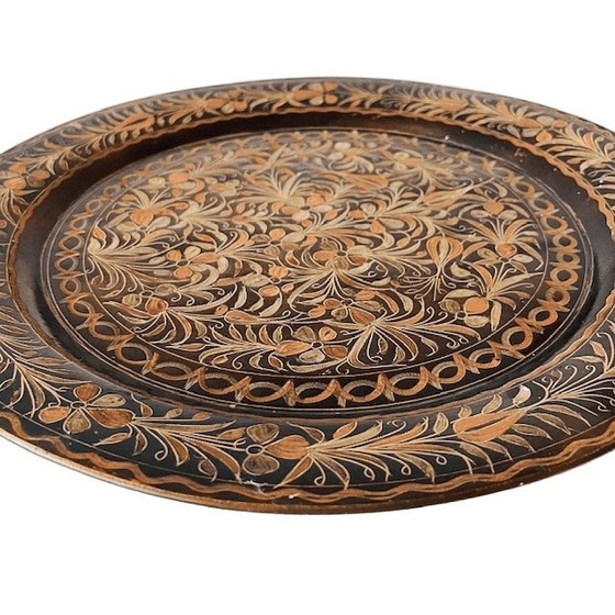 Image 1 of Piatto decorativo turco vintage inciso in rame con fiore di Istanbul, orientale, anni '70