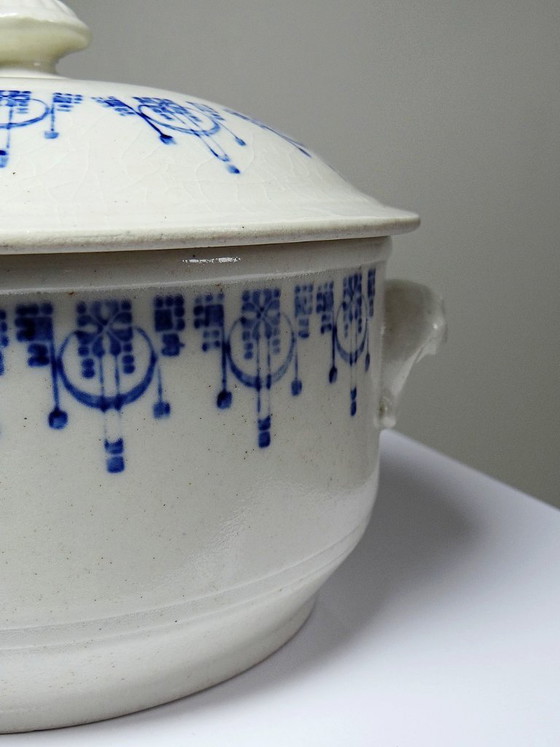Image 1 of Antique glazed ironstone bouillon/casserole dish with blue St Uze decoration