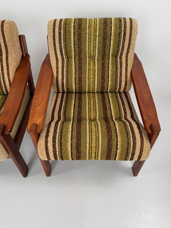 Image 1 of Pair of Danish easy chairs – teak frame with original striped upholstery