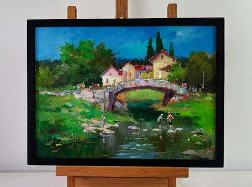 Original Oil Painting Village Bridge Landscape Relaxing by the river on a summer day