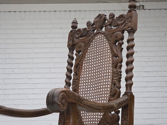 Image 1 of Jaren 30, Deense fauteuil met hoge rugleuning, meubelstof, velours, handgesneden eikenhout.