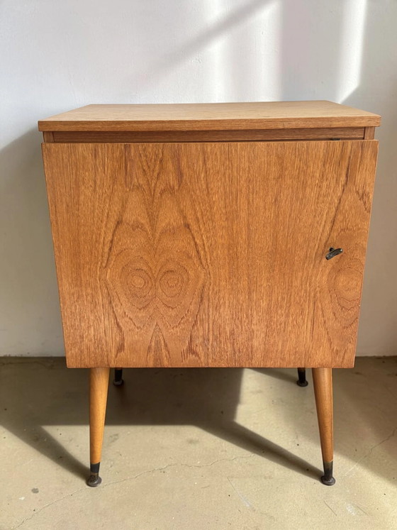 Vintage Sewing Machine Cabinet with Fold-out Top on Slender Legs – Nightstands, Brass, Mid Century Modern (photo 2 of 3)