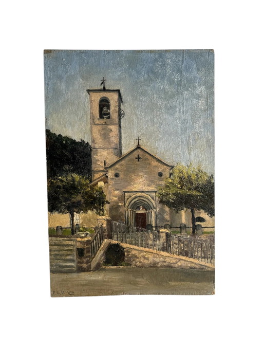 Pintura al óleo sobre cartón de los años 60 - Pequeña iglesia