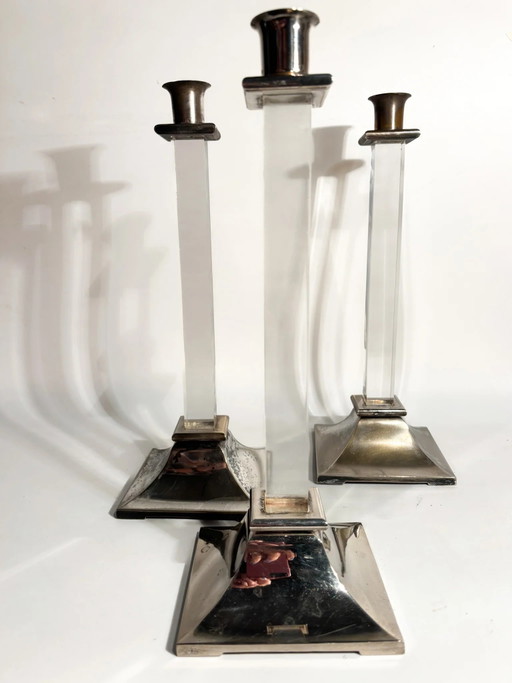 Set of 3 1970s Plexiglass and Silver-Plated Metal Candle Holders – decoratieve objecten