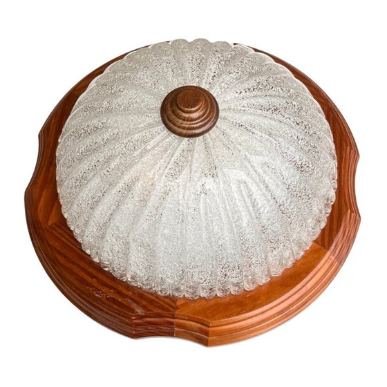Image 1 of Italienische Deckenleuchte aus den 1970er Jahren | Eisglas und Holz | Mid-Century Modern