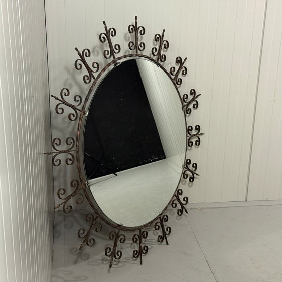 Image 1 of Very large round wrought iron wall mirror 1960's